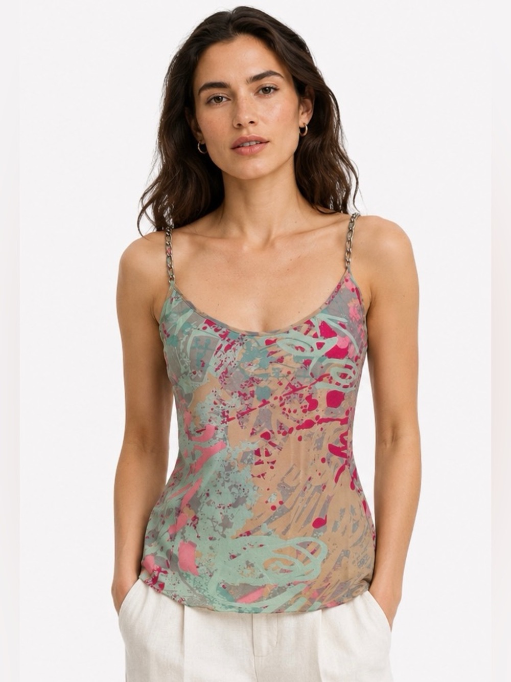 Herve Leger Paris Silk Abstract Print Camisole with Chain Straps Size 4